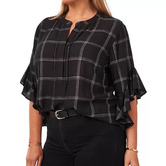Vince Camuto Tops - Vince Camuto Black and Gray Blouse with Flutter Sleeves and Mandarin Collar 3X